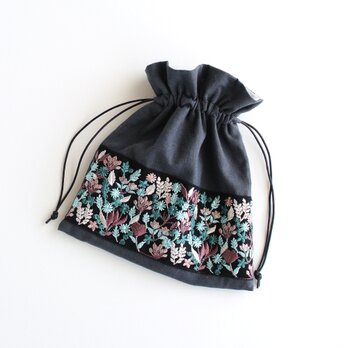 インド刺繍リボンの巾着ポーチ  　チャコール