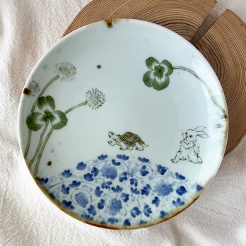 チコロット❤️取り皿❤️すべて手描き❤️染付け❤️パン皿❤️plate❤️童話❤️うさぎとかめ❤️19センチ