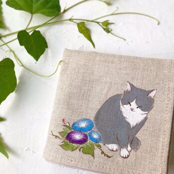 受注制作『朝顔猫』手描きコットンリネン大判ハンカチランチクロス ベージュエクリュ グレー猫ハチワレ猫のコピー