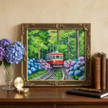 【原画】初夏の特等席〜紫陽花の咲く線路沿い〜 油絵 絵画 アジサイ 鉄道 壁掛け