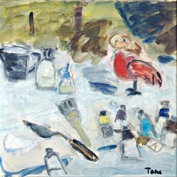 オウムと画材の静物画