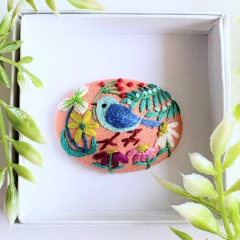 ことりと草花の刺繍ブローチ(botanical）#4