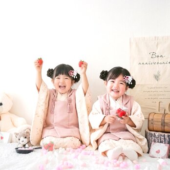 【つまみ細工】うさぎ＆ねこ おそろいヘアクリップセット｜七五三・双子・姉妹コーデ　お揃い　ゆらゆら揺れる　ヘアクリップセット　