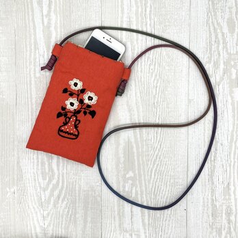 手刺繍スマホショルダー3輪花瓶