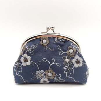 花柄刺繍　がま口ポーチ　12cm　ネイビー 　ネイビー　727
