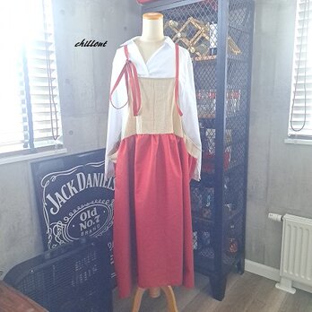 【背中がかわいい】マキシ：ギャザー：エプロンドレス：レッド×リネン【0980】