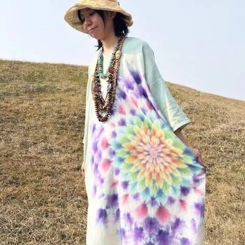 タイダイ ゆったりワンピース 千草色 美しい幻想的な大曼荼羅 Hippies Dye最新作 HD25-39
