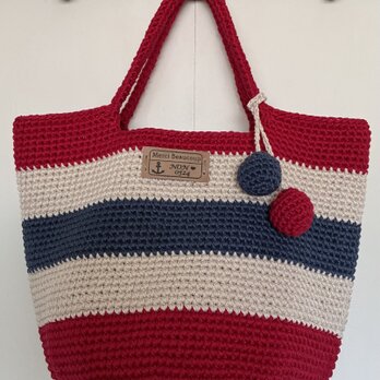 ニットボールが可愛い❣️コットン100%ボーダーシンプルBag