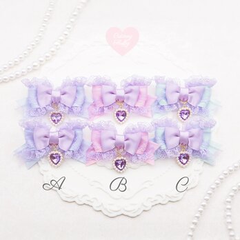 ヘアクリップ　リボン　量産型　地雷　ロリータ　フリル　紫　ピンク　水色　ハート　ビジュー　ゴスロリ　キッズ　子供　コンカフェ
