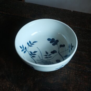 菊花の絵付け◆伊万里　草花文染付平鉢　骨董・antiques アンティーク和食器　古民家　江戸末期 個体A