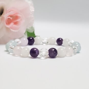 【天然石ブレスレット・アメジスト×ローズクォーツ×ムーンストーン×アクアマリン】恋愛＊結婚＊パワーストーン＊8㎜