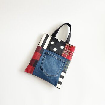 【1点限定】デニムパッチワークバッグ｜マチなし・すっきりトート A4対応