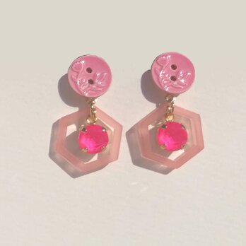 ★Hungarian Bee Honeycomb | Neon Pink | Hexagon | Vintage★ピアス 両耳