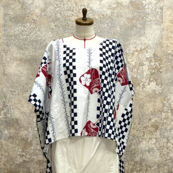 浴衣をリメイク　市松団扇文様ブラウス 　kato0012   / 古布 着物 着物リメイク kimono