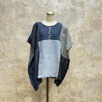 麻着物　をリメイク　パッチワークブラウス 　kato0017  / 古布 着物 着物リメイク kimono