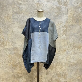 麻着物　をリメイク　パッチワークブラウス 　kato0017  / 古布 着物 着物リメイク kimono
