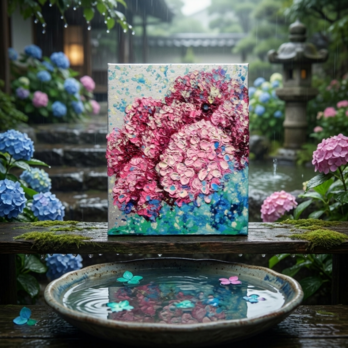 【原画】雨上がりのプレリュード / 紫陽花 油絵 絵画 インテリア アジサイ