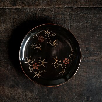 黒に花唐草◆時代物　漆芸蒔絵中皿　漆器　骨董/antiques 古民家　古道具　明治期