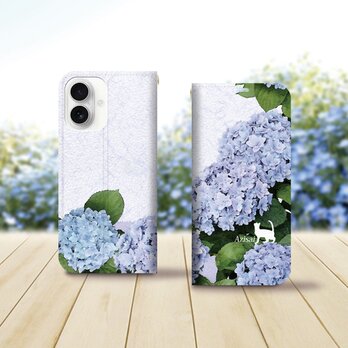 帯なし iPhone 手帳型スマホケース （カメラ穴あり/はめ込みタイプ）【水彩調あじさいと白猫】名入れ可