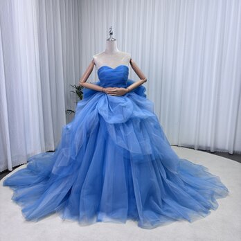 美品！カラードレス ブルー ベアトップ ラッフルフリル ふっくら柔らかなバックリボン 憧れのドレス 花嫁