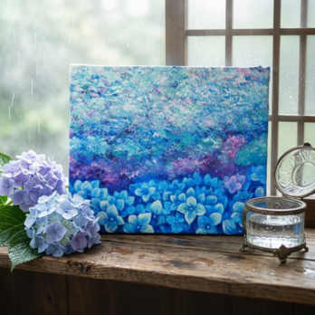 雨上がりの奇跡 〜光満ちる紫陽花畑〜 【油絵 原画 F4号】 アジサイ 紫陽花 絵画 インテリア 壁掛け 初夏 抽象画