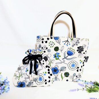 北欧の花バックと巾着袋セット(生成り)