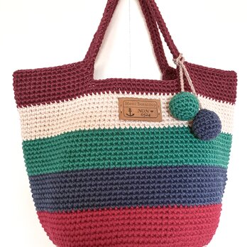 ニットボールが可愛い❣️コットン100%ボーダーシンプルBag