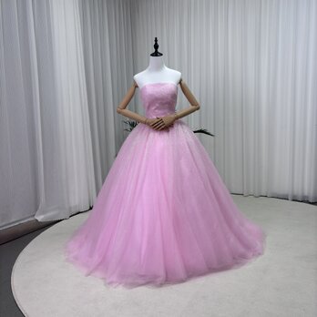 カラードレス ローズピンク ベアトップ キラキラチュール グラデーション ミニトレーン 編み上げ 披露宴