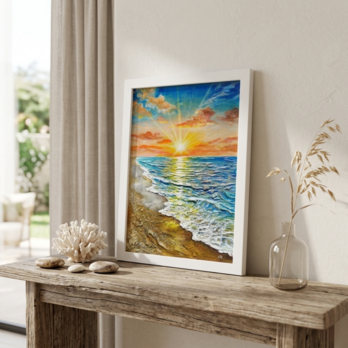 油絵 原画「黄金比の朝景」海と朝日の風景 額装アート 夏の模様替え ギフト包装対応