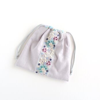 インド刺繍リボンの巾着  　ライトグレー