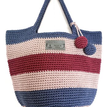 ニットボールが可愛い❣️コットン100%ボーダーシンプルbag