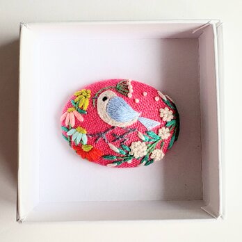 ことりと草花の刺繍ブローチ(botanical）#486