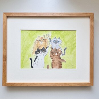 【原画】クラフトビールの夢を見た猫（額なしマット付）