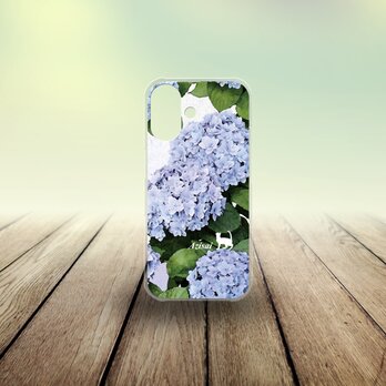 iPhone スマホケース（ハードケース）【水彩調あじさいと白猫】（名入れ可）