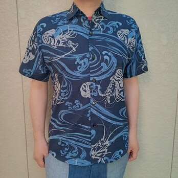 半袖和柄シャツ（荒波に伊勢海老）紺