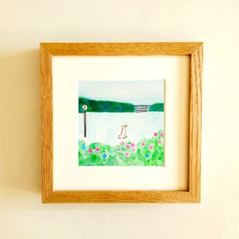 【原画・水彩画】「紫陽花の季節」 ※木製額縁入り（18㎝角）