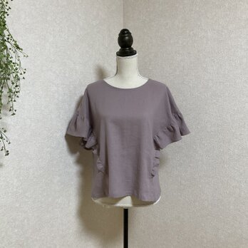 コットンリネン　ラッフルフリルブラウス　グレイッシュピンク