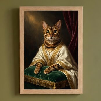 猫（ベンガル）のルネサンス風肖像画 油絵風アートA4額装インテリア壁掛け