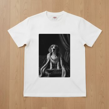 犬（ビーグル）半袖Tシャツ ルネサンス風モノクロアート ホワイト 男女兼用