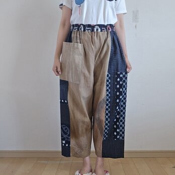 着物リメイク　手作り　柿渋染め　　パッチワーク　パンツ