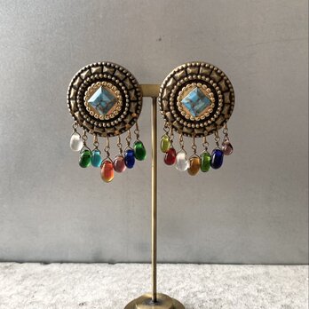 Vintage 70s-80s USA retro multicolor beads fringe big earring