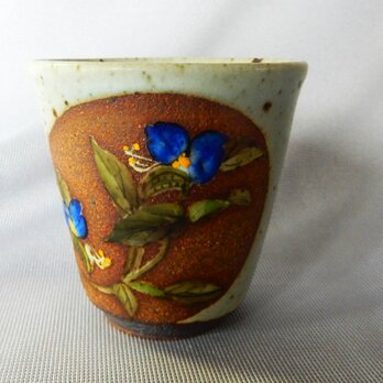 釉描彩露草図焼酎杯