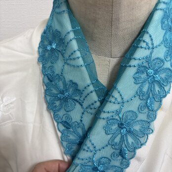 ハンドメイド　半襟着物　振袖　レース　エメラルドグリーン花刺繍半衿