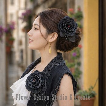 ブラックデニムの薔薇の髪飾り（シングルワイヤー仕様）｜ビジュー|髪飾り｜フラメンコ |Flamenco Flower｜デニム