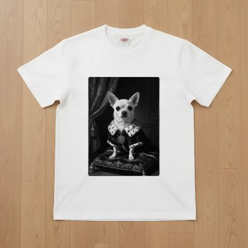 犬（チワワ）半袖Tシャツ ルネサンス風モノクロアート ホワイト 男女兼用