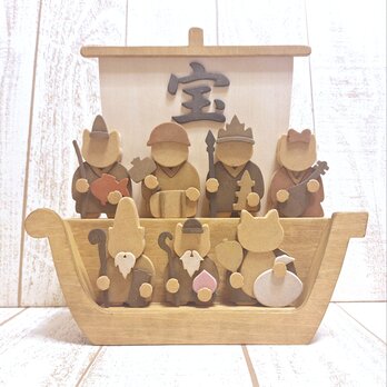 【受注制作】猫の七福神宝船｜木製置物｜動物変更可｜縁起物｜名入れ対応可
