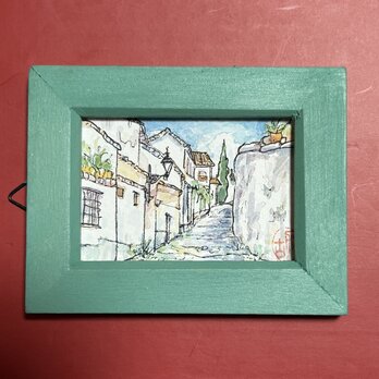 坂道をのぼれば(ミニミニ絵画、スペイン、グラナダ、原画、透明水彩、フレーム付き）