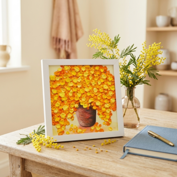 【原画】立体的に描かれたミモザの花束 油絵肉筆画（ホワイトフレーム付）