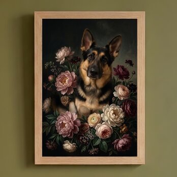 犬（ジャーマンシェパード）の花に囲まれた油絵風アート A4額装インテリア壁掛け