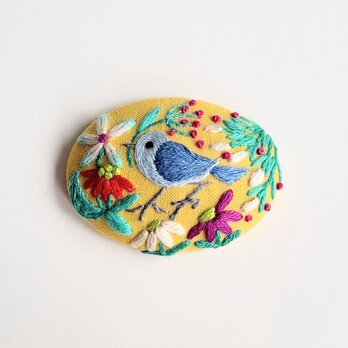 ことりと草花の刺繍ブローチ(botanical）#492